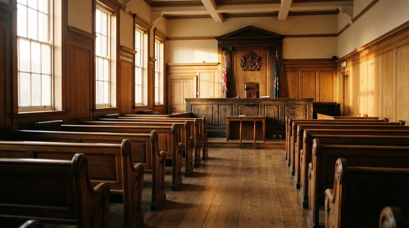 An empty courtroom with wooden benches in morning light