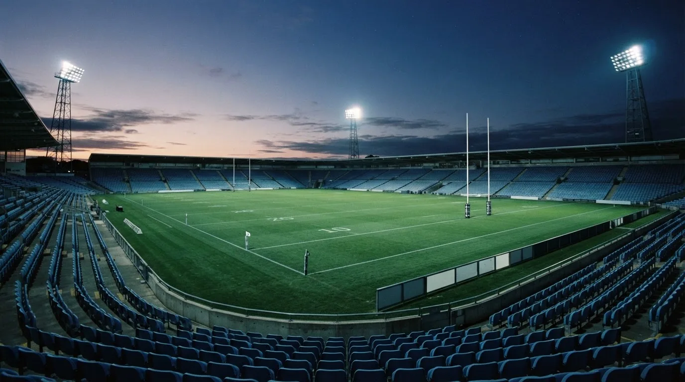 An empty football stadium with floodlight masts at dusk