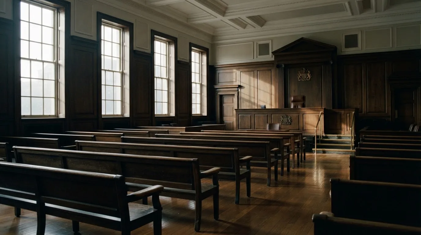 An empty courtroom with wooden benches in morning light