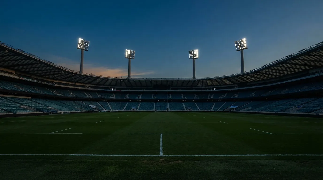 An empty football stadium with floodlight masts at dusk
