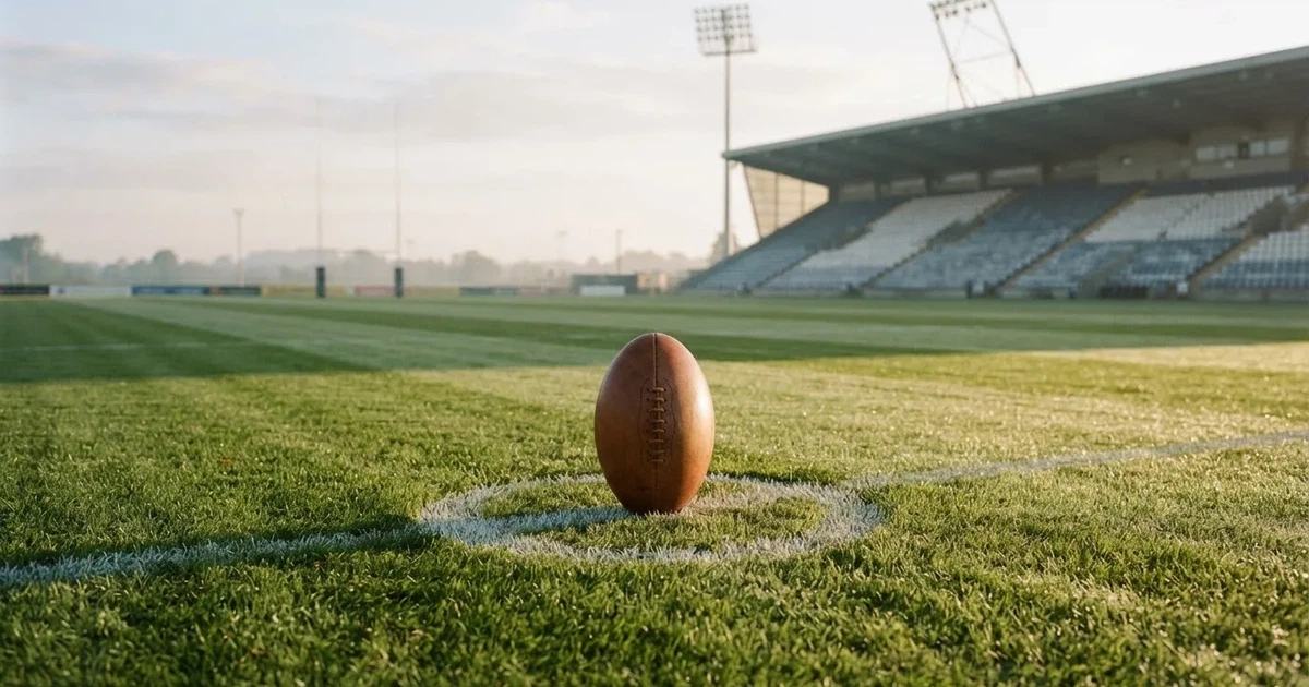 A ball on the centre spot of a grass pitch in morning light