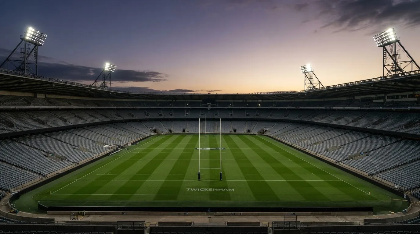 An empty football stadium with floodlight masts at dusk
