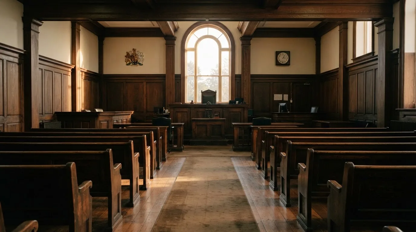 An empty courtroom with wooden benches in morning light