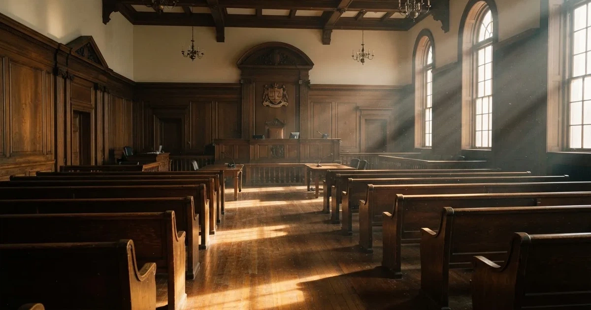 An empty courtroom with wooden benches in morning light