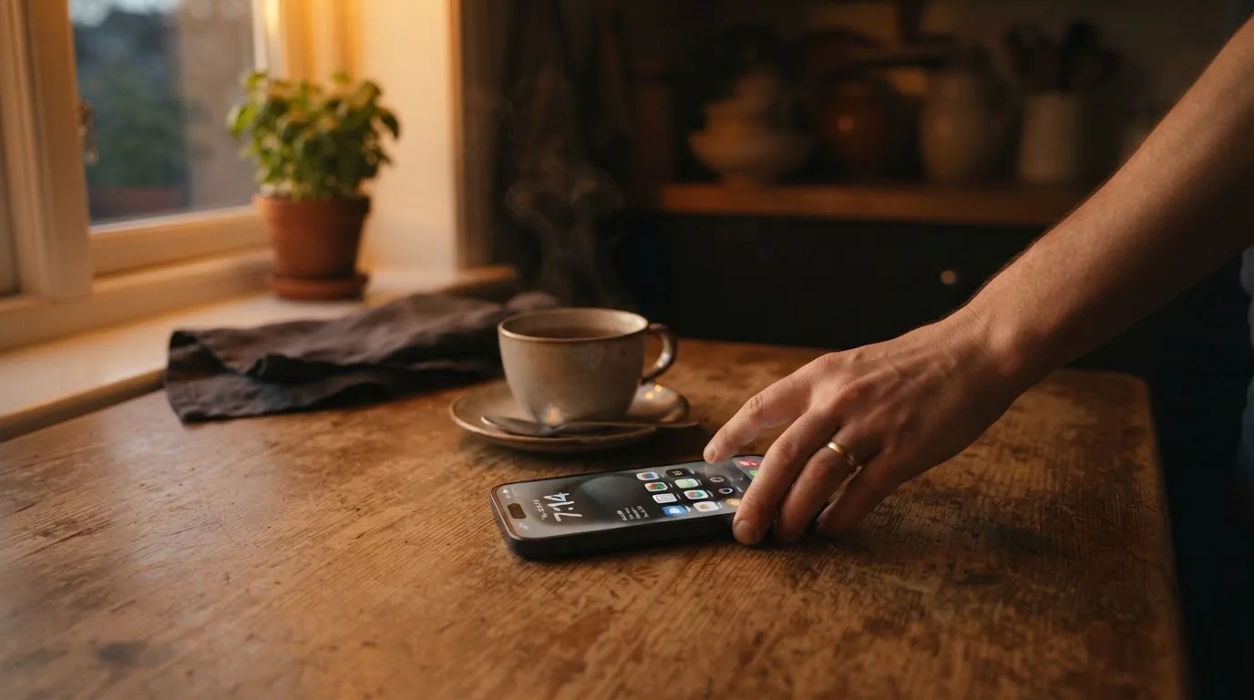 A hand setting a smartphone down beside a cup of tea on a kitchen table on a quiet evening