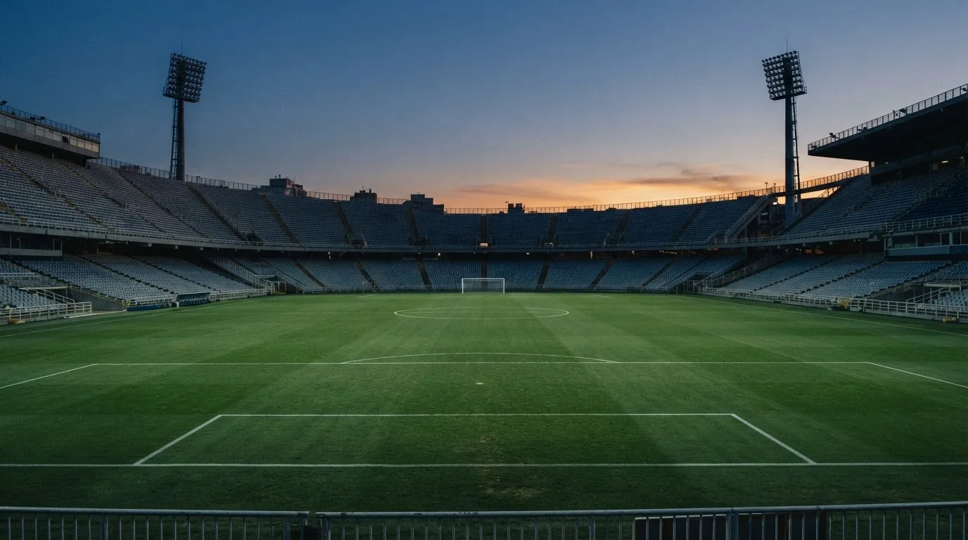 An empty football stadium with floodlight masts at dusk