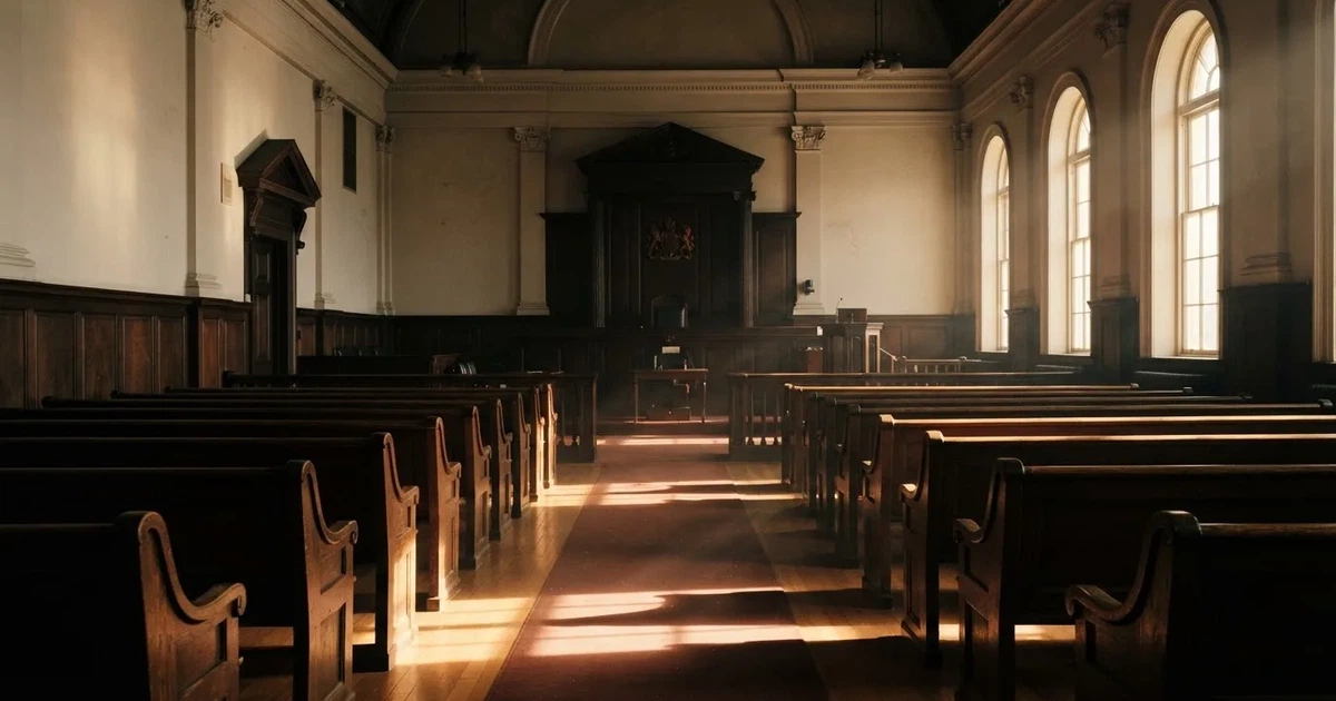An empty courtroom with wooden benches in morning light