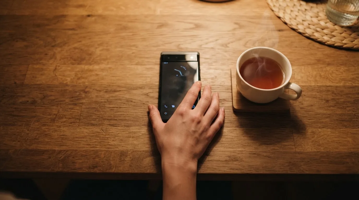 A hand setting a smartphone down beside a cup of tea on a kitchen table on a quiet evening