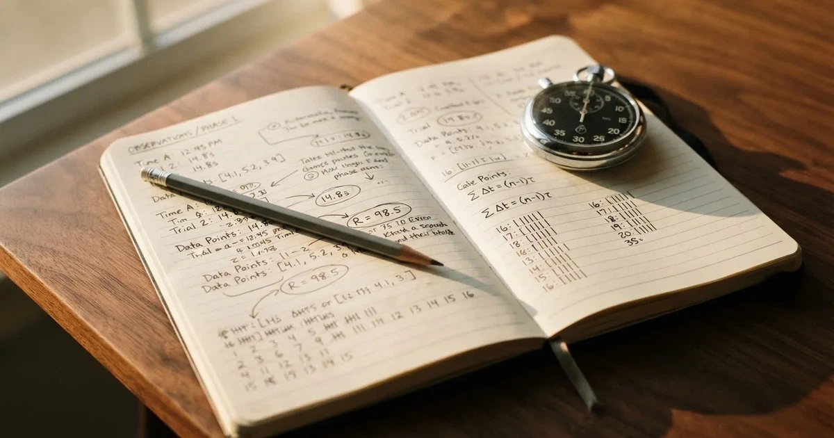 An open notebook with a pencil and a stopwatch on a wooden table
