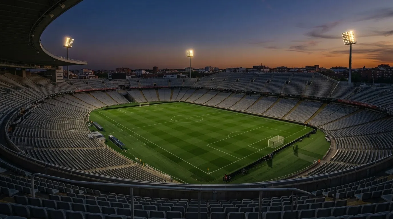 An empty football stadium with floodlight masts at dusk