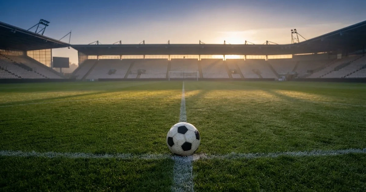 A ball on the centre spot of a grass pitch in morning light