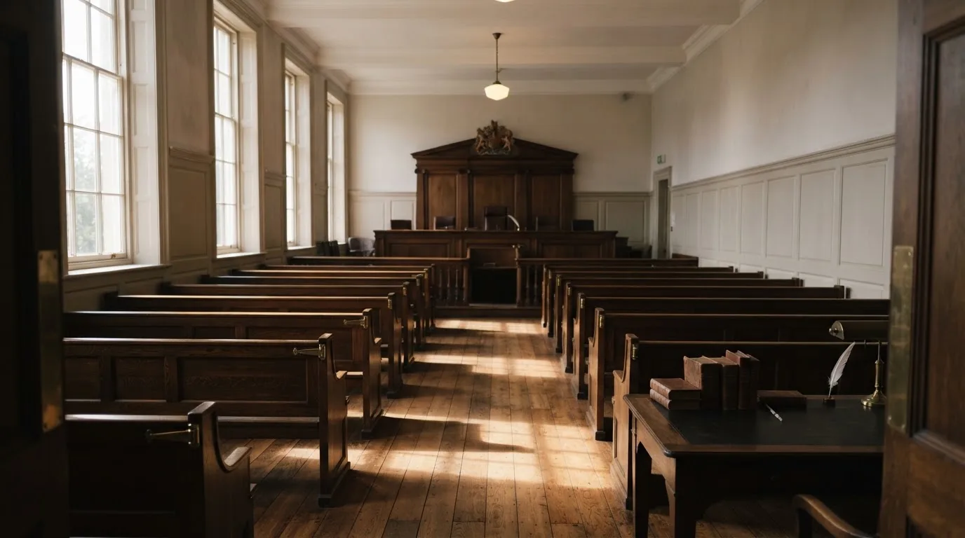 An empty courtroom with wooden benches in morning light