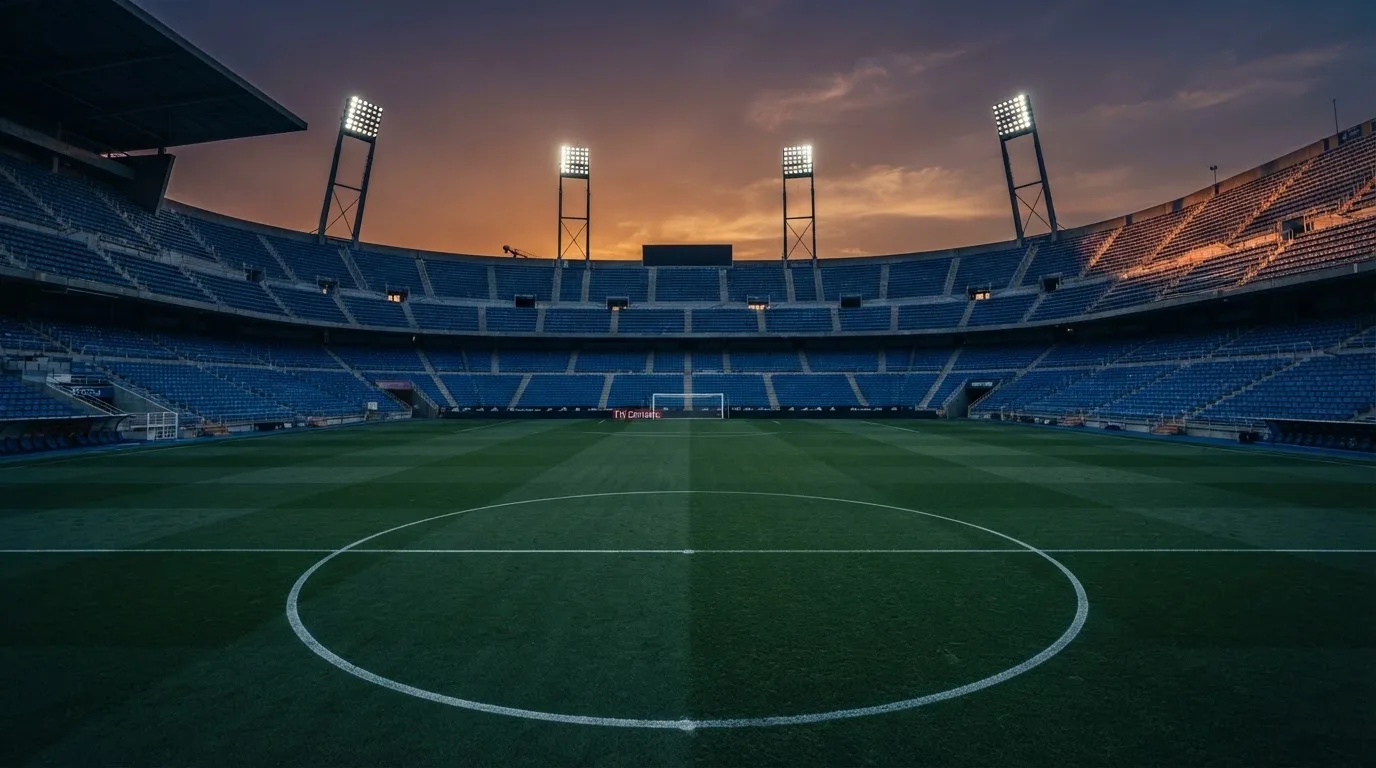 An empty football stadium with floodlight masts at dusk