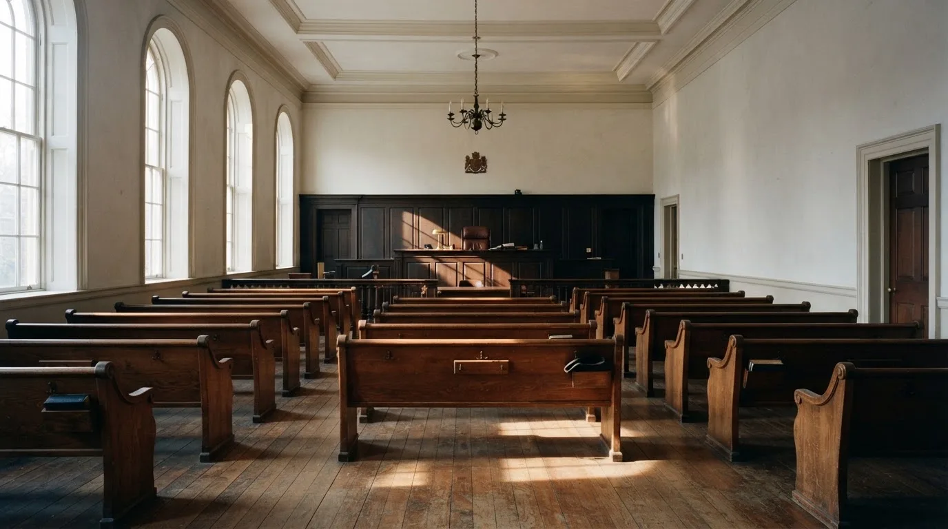An empty courtroom with wooden benches in morning light
