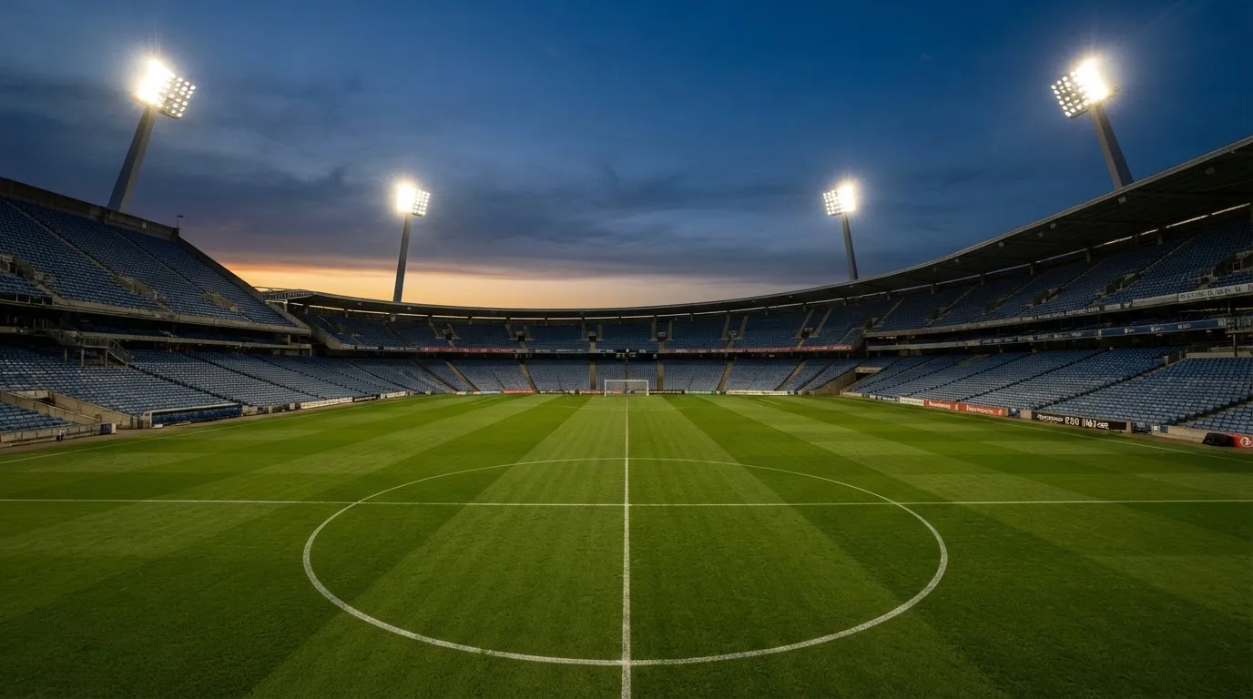 An empty football stadium with floodlight masts at dusk