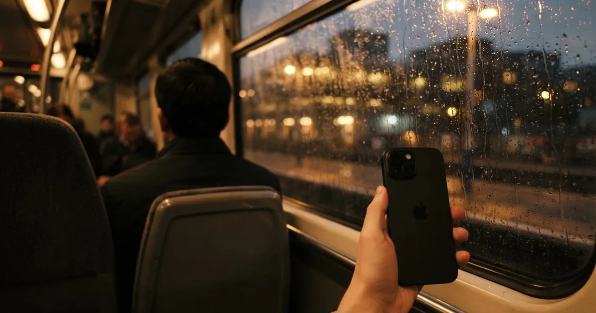 A hand holding a smartphone on a train in the evening, screen turned away