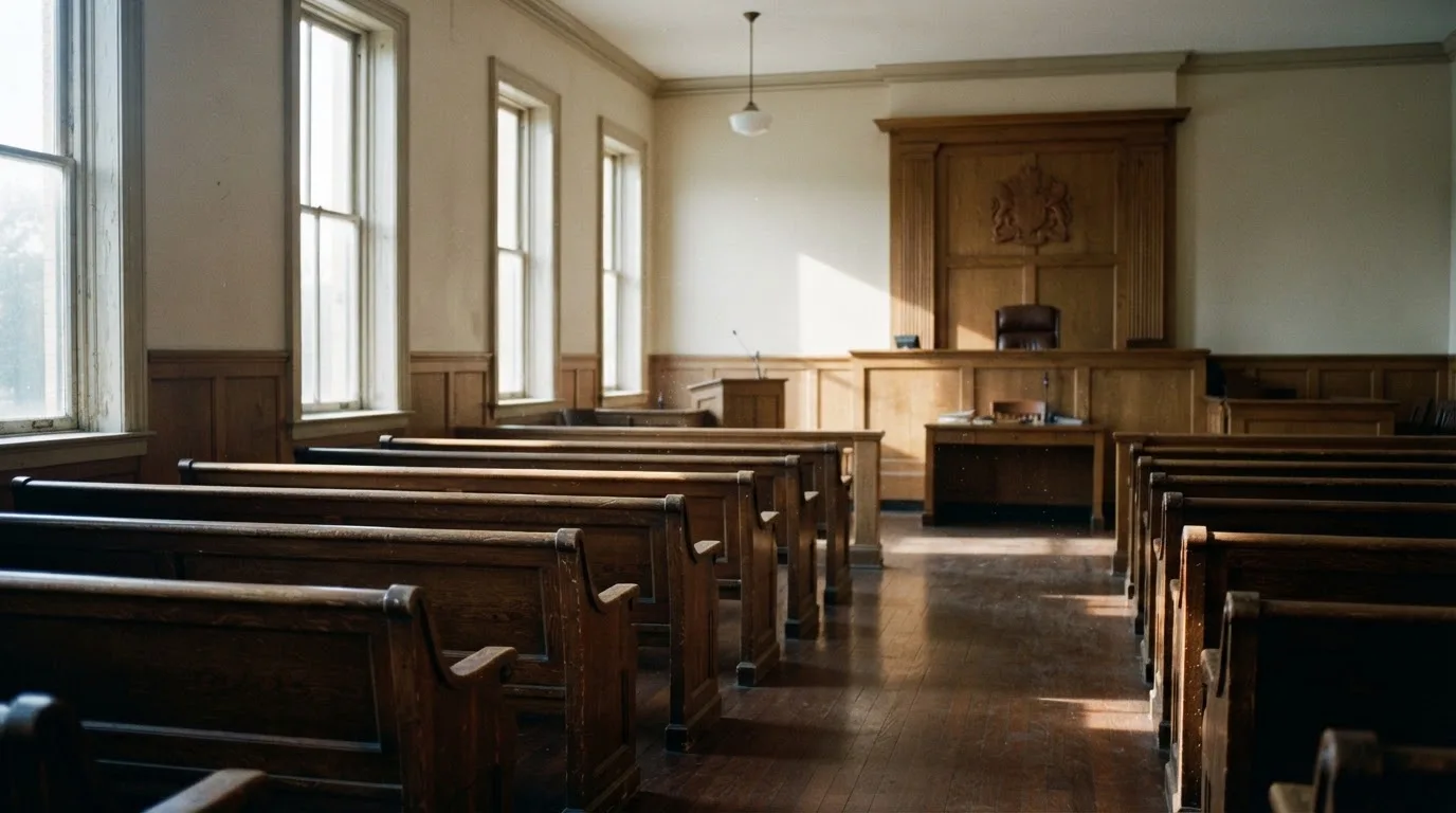 An empty courtroom with wooden benches in morning light