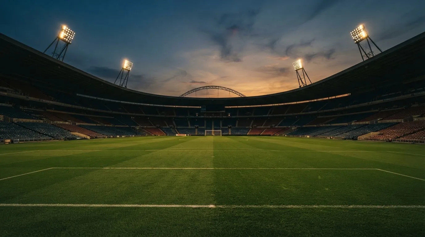 An empty football stadium with floodlight masts at dusk