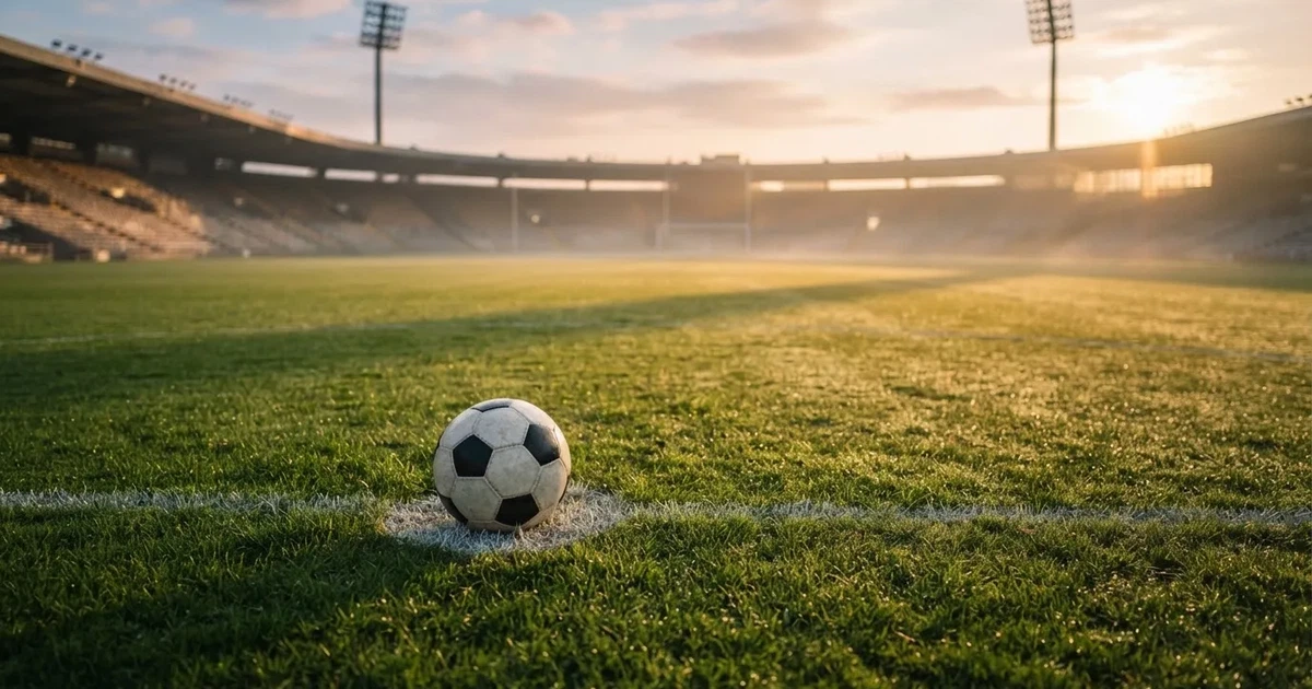 A ball on the centre spot of a grass pitch in morning light