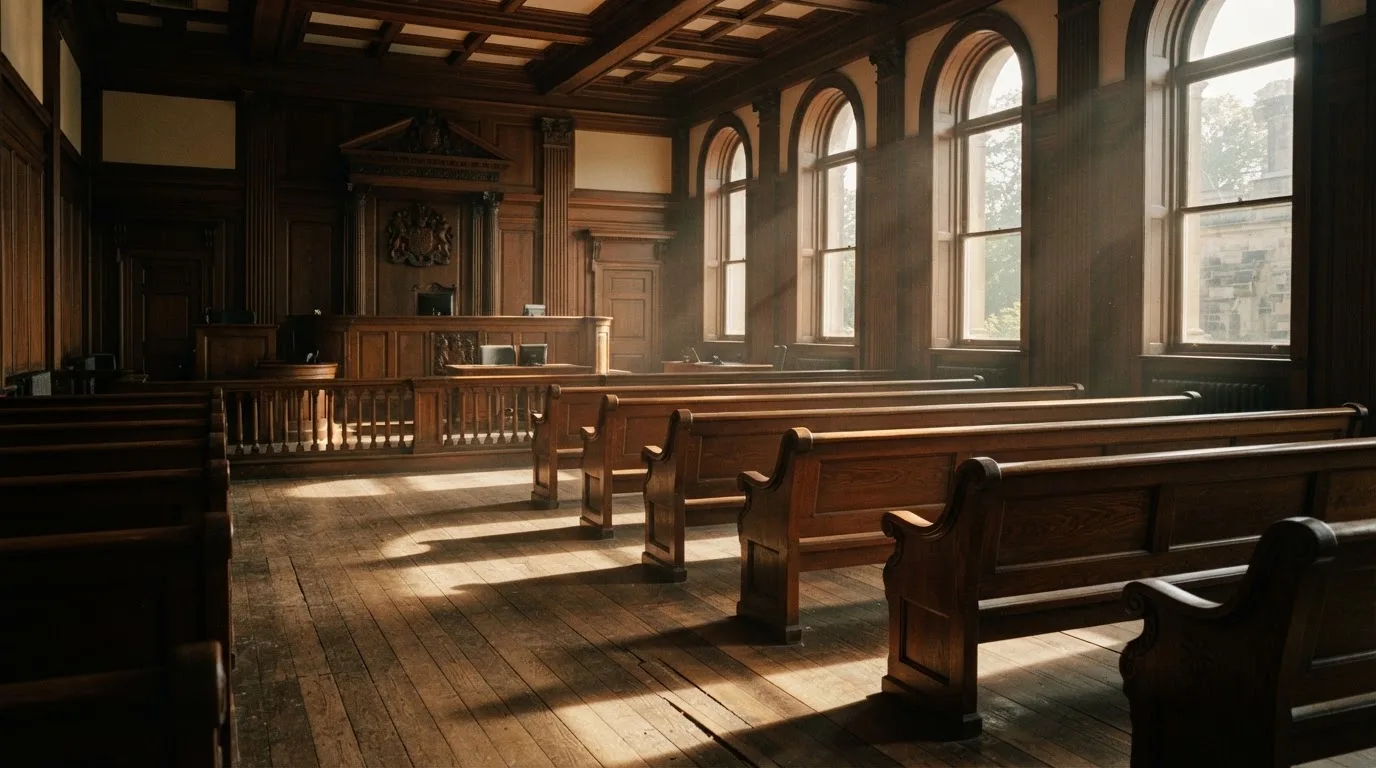 An empty courtroom with wooden benches in morning light