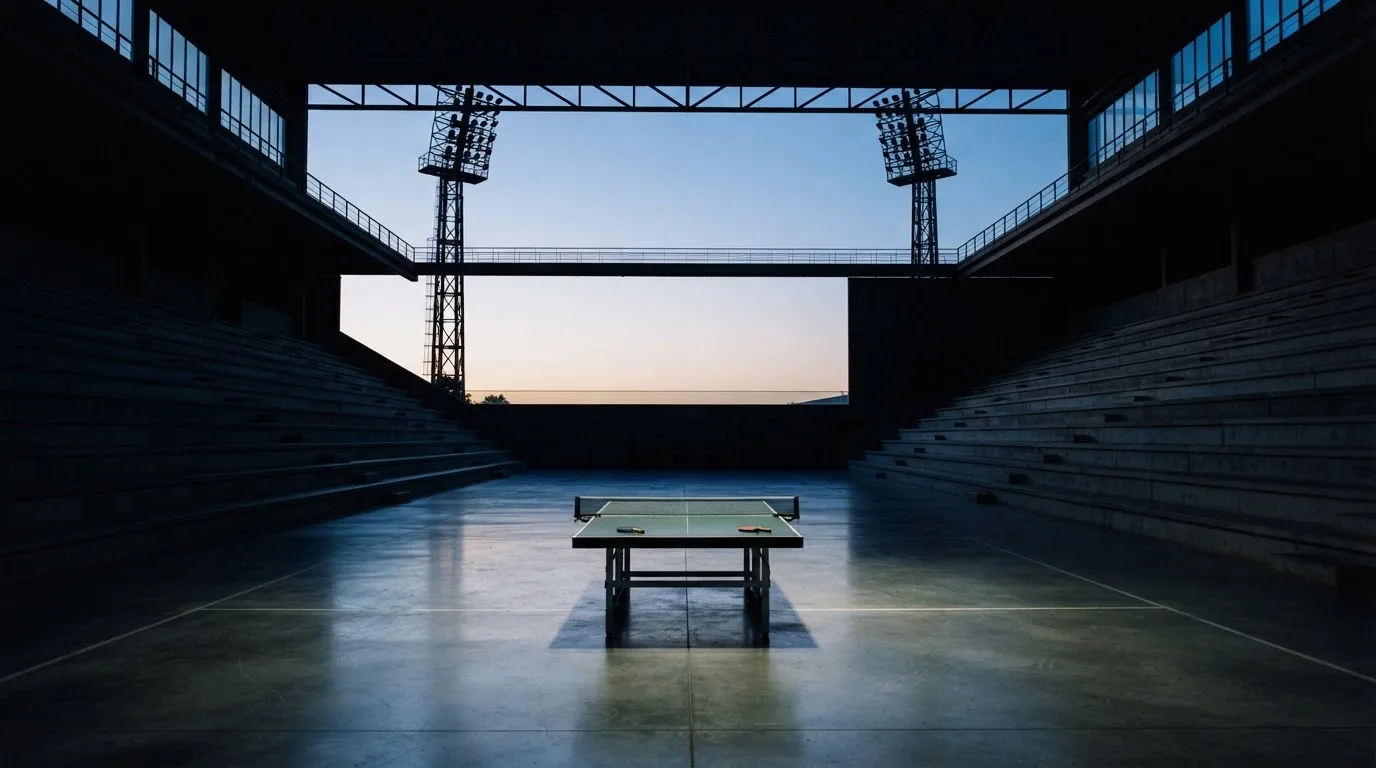 An empty football stadium with floodlight masts at dusk