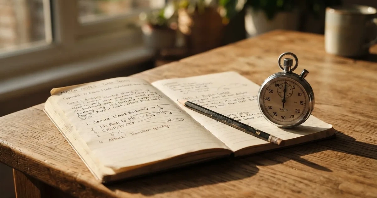 An open notebook with a pencil and a stopwatch on a wooden table