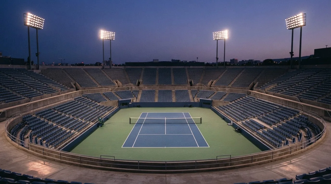 An empty football stadium with floodlight masts at dusk