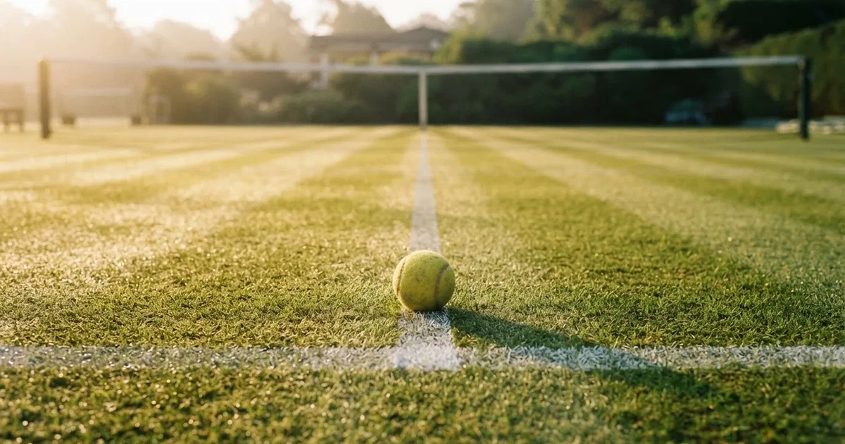 A ball on the centre spot of a grass pitch in morning light