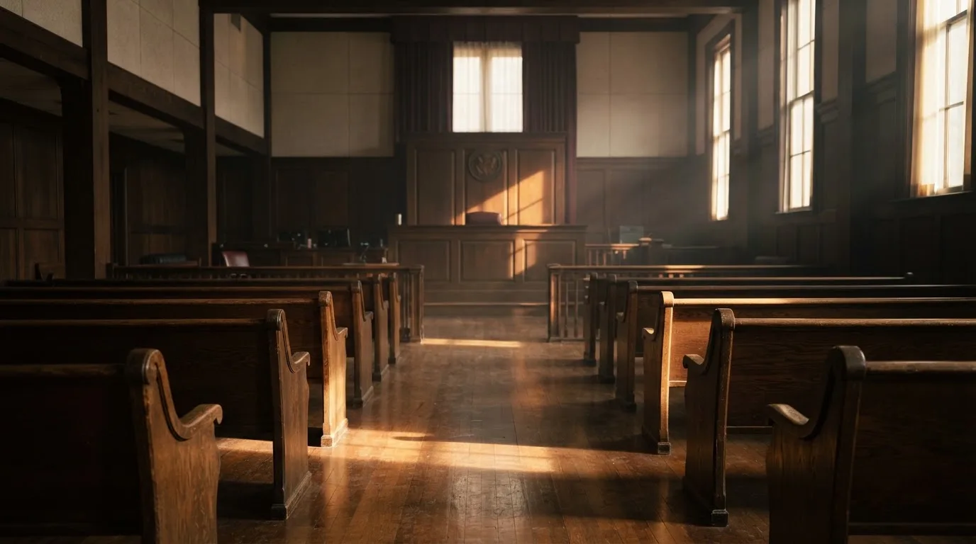 An empty courtroom with wooden benches in morning light