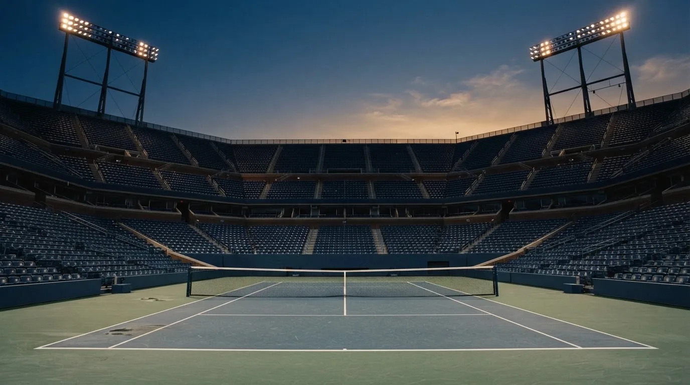 An empty football stadium with floodlight masts at dusk