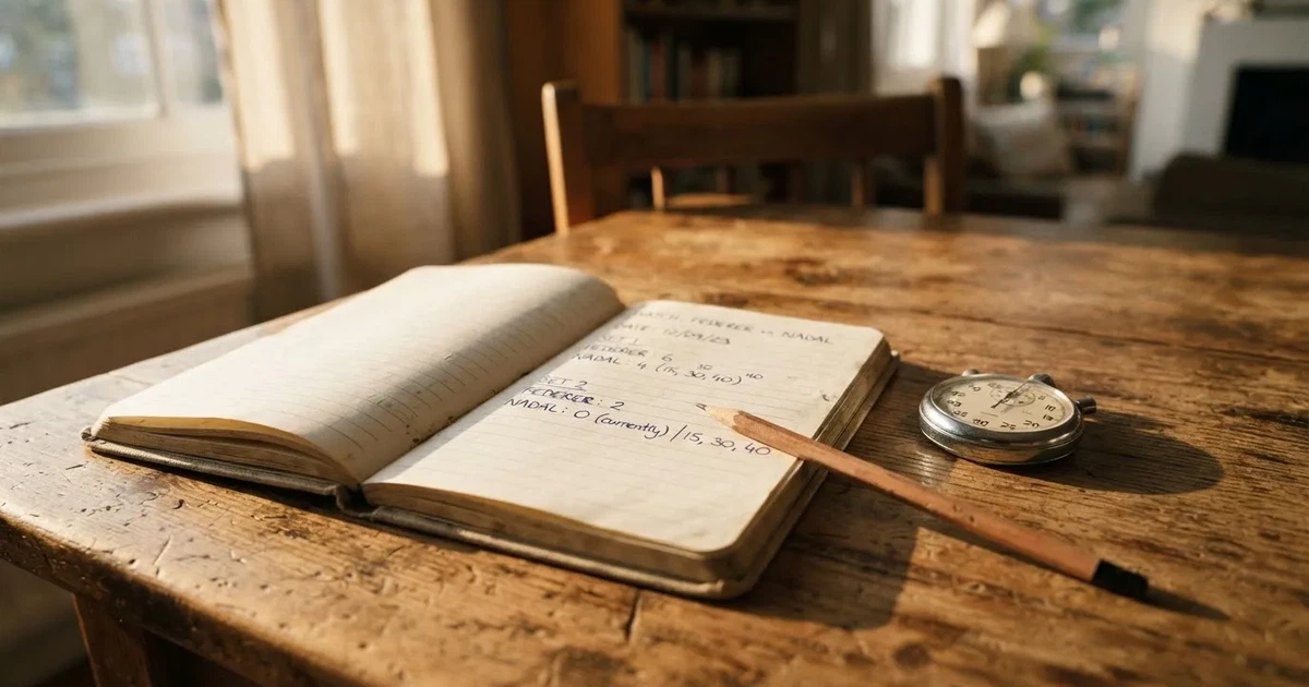 An open notebook with a pencil and a stopwatch on a wooden table