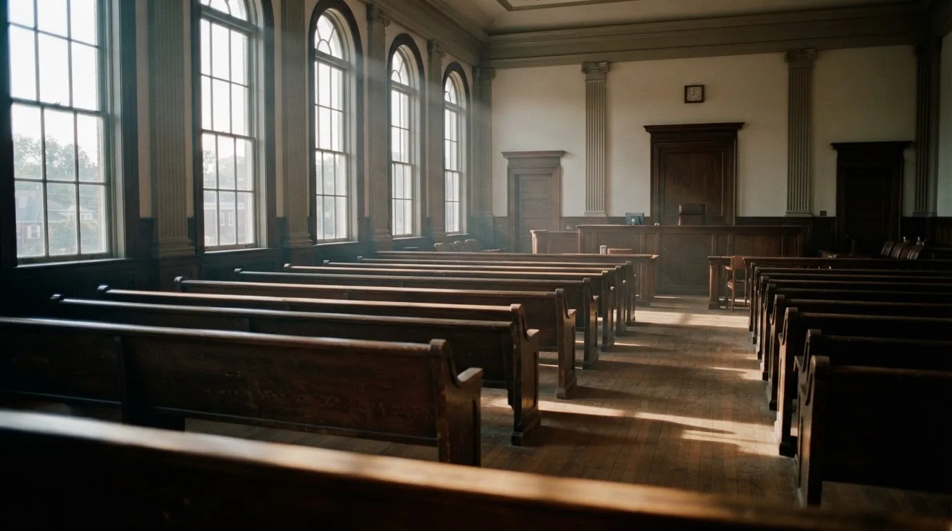An empty courtroom with wooden benches in morning light