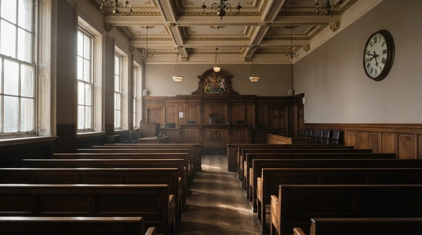 An empty courtroom with wooden benches in morning light