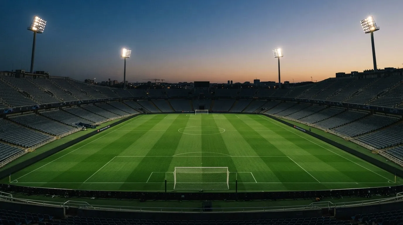 An empty football stadium with floodlight masts at dusk