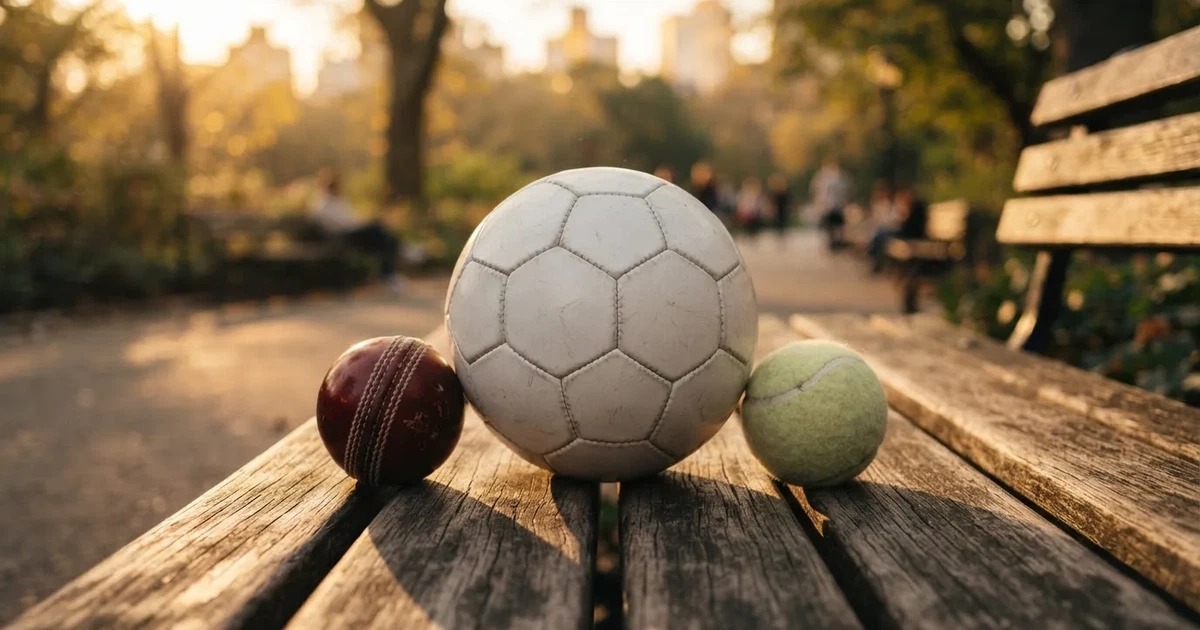 Three balls of different kinds side by side on a wooden bench
