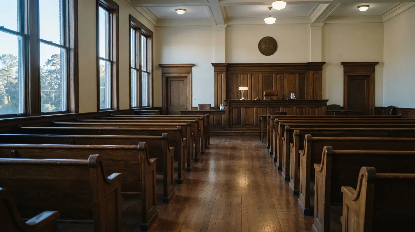 An empty courtroom with wooden benches in morning light