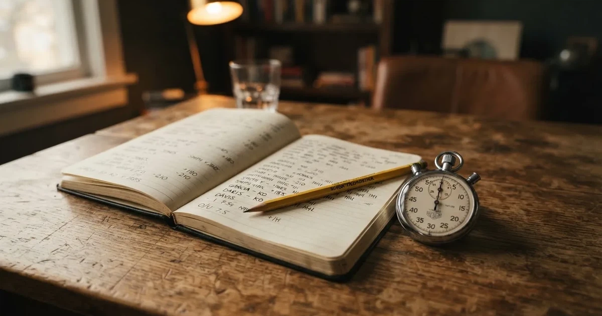 An open notebook with a pencil and a stopwatch on a wooden table