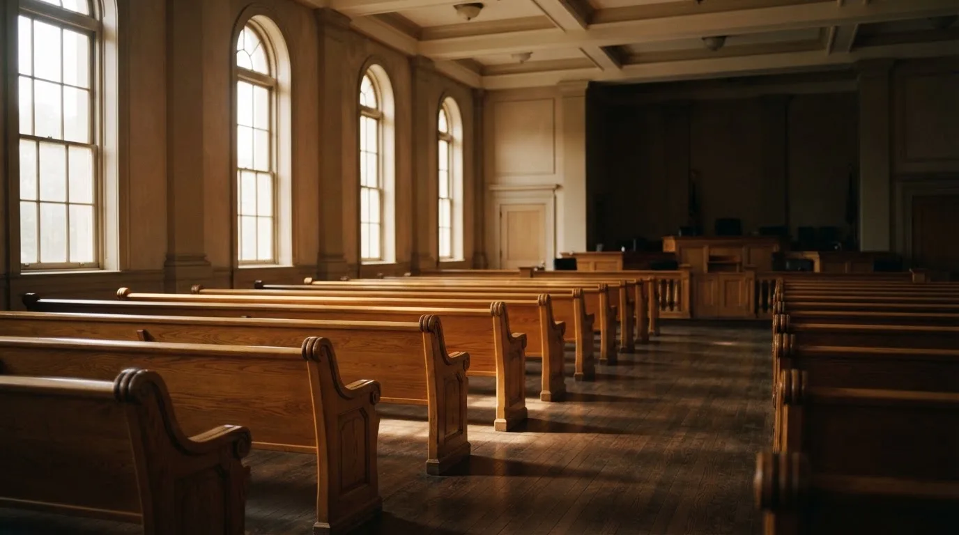 An empty courtroom with wooden benches in morning light
