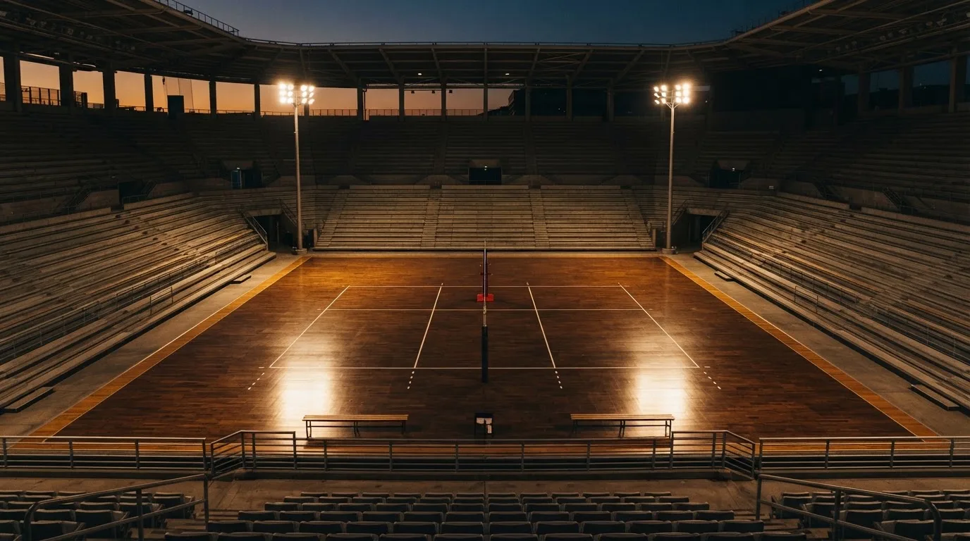An empty football stadium with floodlight masts at dusk