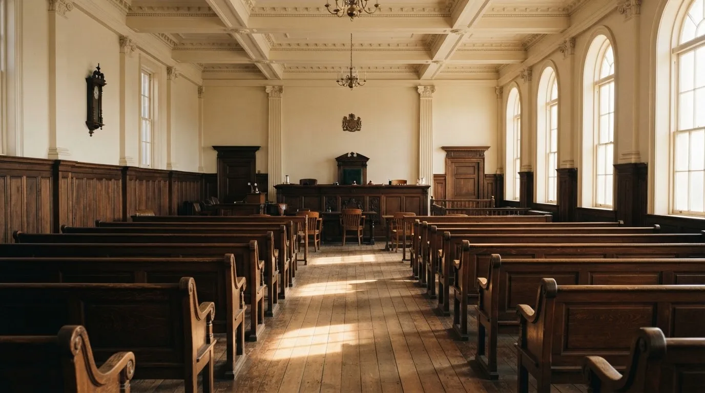 An empty courtroom with wooden benches in morning light