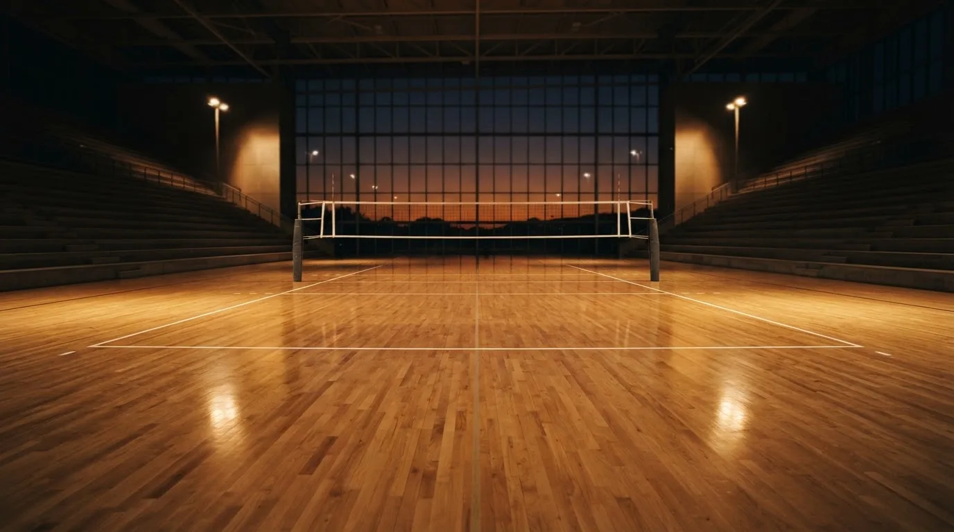 An empty football stadium with floodlight masts at dusk