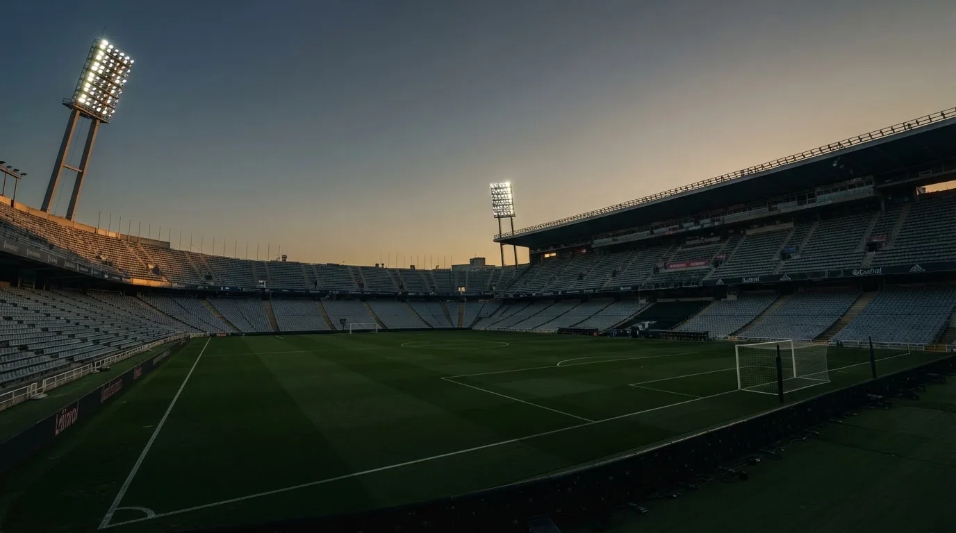 An empty football stadium with floodlight masts at dusk