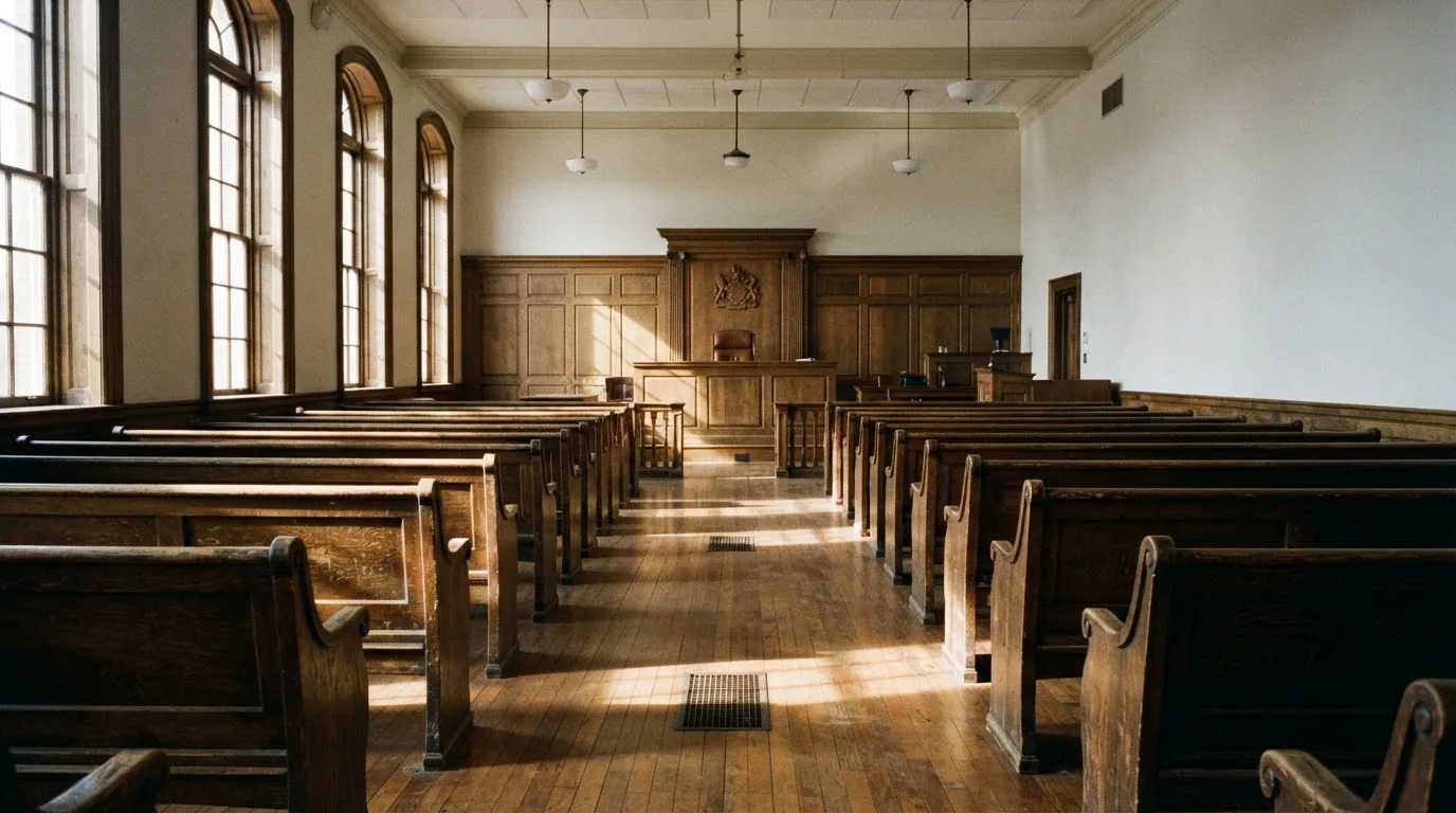 An empty courtroom with wooden benches in morning light