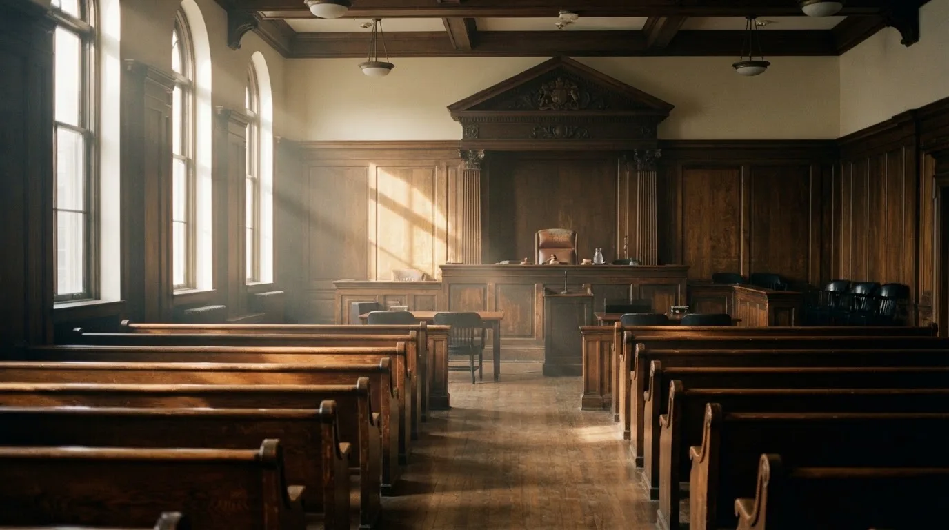 An empty courtroom with wooden benches in morning light