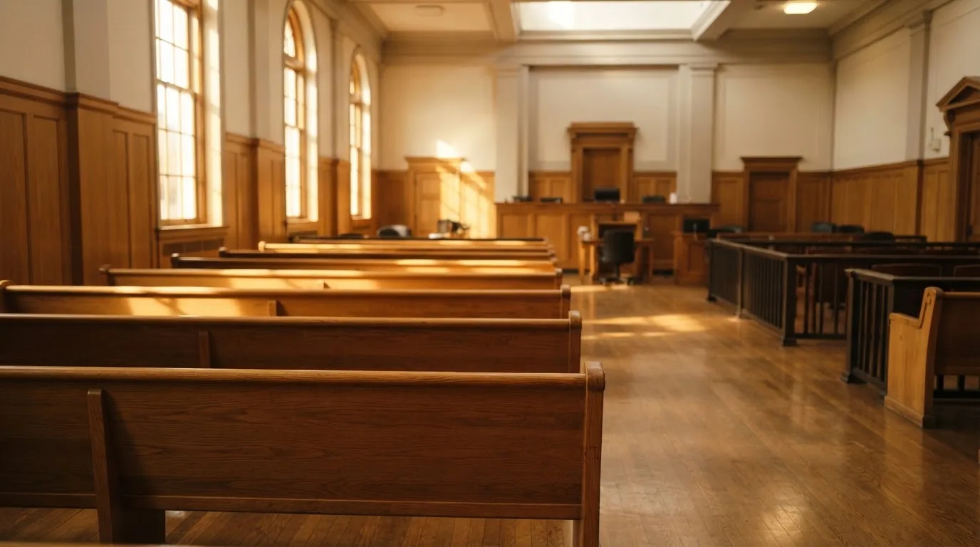 An empty courtroom with wooden benches in morning light