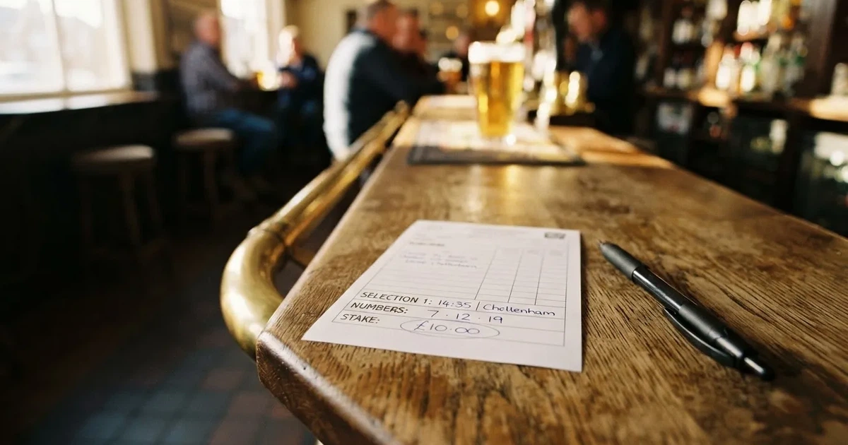 A blank paper betting slip beside a pen on a wooden counter