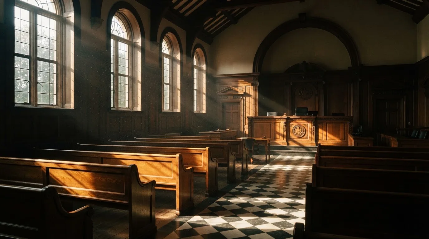 An empty courtroom with wooden benches in morning light